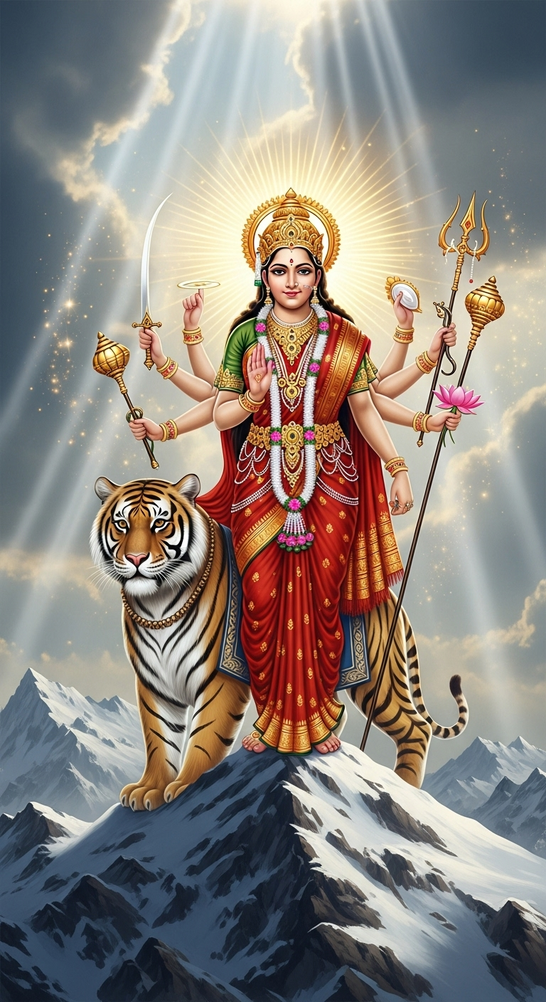 Devi Durga on Tiger in Snowy Mountains - Divine Power